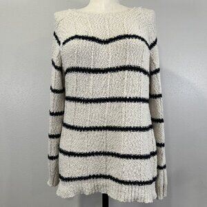 Doe & Rae Sweater Striped Long Sleeve Womens Size Large Crew Neck Cream Black